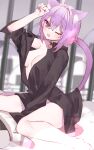  1girl :d animal_ears barefoot bed bed_sheet cat_ears cat_tail eyebrows_visible_through_hair highres hinamori_(18ar0) hololive nail_polish nekomata_okayu one_eye_closed open_mouth pajamas paw_pose purple_hair short_hair sitting smile tail violet_eyes 