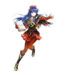  1girl alternate_costume armor bangs bare_shoulders blue_eyes blue_hair boots bracelet elbow_gloves feather_trim fire_emblem fire_emblem:_the_binding_blade fire_emblem_heroes full_body gloves gold_trim gradient gradient_clothes hat highres jewelry lilina_(fire_emblem) long_hair miniskirt official_art pantyhose red_gloves red_skirt shiny shiny_hair shiny_skin skirt solo yamada_koutarou 