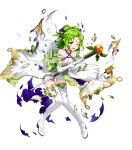  1girl amagai_tarou bangs bare_shoulders blush boots collarbone criss-cross_halter dress elbow_gloves fire_emblem fire_emblem:_the_sacred_stones fire_emblem_heroes full_body gloves green_eyes green_hair hair_ornament halterneck highres holding jewelry l&#039;arachel_(fire_emblem) long_hair looking_away official_art one_eye_closed open_mouth shiny shiny_hair solo staff thigh-highs thigh_boots tied_hair torn_clothes transparent_background white_footwear white_gloves 