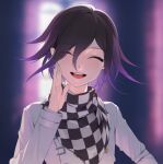  1boy bangs blurry blurry_background buttons checkered checkered_scarf closed_eyes dangan_ronpa_(series) dangan_ronpa_v3:_killing_harmony evil_grin evil_smile eyebrows_visible_through_hair grin hand_up jacket long_hair looking_at_viewer ohisashiburi ouma_kokichi pale_skin purple_hair scarf sleeve_cuffs smile solo straitjacket white_jacket 