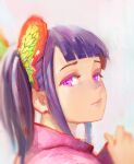  1girl bangs blunt_bangs bug butterfly butterfly_hair_ornament closed_mouth from_behind hair_ornament highres insect japanese_clothes kimetsu_no_yaiba kimono looking_at_viewer looking_back portrait purple_hair purple_kimono side_ponytail sidelocks tsuyuri_kanao violet_eyes white_background yugen99 