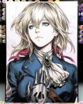  1girl bangs blonde_hair blue_eyes blue_jacket brooch hair_ribbon hand_on_own_chest highres jacket jewelry juliet_sleeves long_sleeves marker_(medium) mechanical_hands necklace prosthesis prosthetic_arm prosthetic_hand puffy_sleeves red_ribbon ribbon stanley_lau traditional_media violet_evergarden violet_evergarden_(character) white_neckwear 