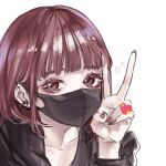  1girl bangs black_hoodie brown_hair brown_nails collarbone earrings emoji eyebrows_visible_through_hair hair_behind_ear heart highres hood hoodie jewelry kiri_uranji looking_at_viewer mask mouth_mask original short_hair solo upper_body v white_background 