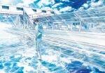  1boy barefoot blue_sky brown_hair clouds cloudy_sky day full_body gusari haikyuu!! jacket lens_flare male_focus oikawa_tooru_(haikyuu!!) open_clothes open_jacket profile reflection sky solo standing sunlight wading water wind 