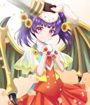  1girl animal_hat bangs blunt_bangs blush bunny_hat collarbone dragon_wings fire_emblem fire_emblem:_the_sacred_stones fire_emblem_heroes flower gloves hair_flower hair_ornament hat kakiko210 kiran_(fire_emblem) looking_at_viewer manakete myrrh_(fire_emblem) official_alternate_costume petals petting purple_hair red_eyes ribbon smile tied_hair twintails white_gloves wings 