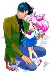  1boy 1girl animal_collar bell bishoujo_senshi_sailor_moon black_hair blue_eyes cat chiba_mamoru chibi_usa collar crescent crescent_facial_mark diana_(sailor_moon) double_bun earrings facial_mark flower forehead_mark holding holding_flower jewelry jingle_bell kneeling marco_albiero pink_hair red_eyes rose school_uniform serafuku signature stud_earrings twintails 