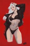  1girl abs artist_request bikini breasts dorohedoro earrings highres jewelry large_breasts long_hair looking_at_viewer muscular muscular_female navel noi_(dorohedoro) open_mouth red_eyes simple_background smile solo swimsuit white_hair 