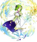  1girl amagai_tarou bangs bare_shoulders blush boots collarbone criss-cross_halter dress elbow_gloves fire_emblem fire_emblem:_the_sacred_stones fire_emblem_heroes full_body gloves green_eyes green_hair hair_ornament halterneck highres holding jewelry l&#039;arachel_(fire_emblem) long_hair looking_away official_art open_mouth petals shiny shiny_hair sleeveless smile solo staff thigh-highs thigh_boots tied_hair transparent_background white_footwear white_gloves 