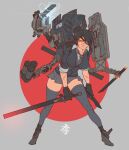  1girl absurdres angry black_gloves black_hair closed_mouth covered_nipples eyepatch gloves glowing glowing_eyes grey_legwear grey_skirt headgear highres holding holding_sword holding_weapon kantai_collection leaning_forward mecha_musume necktie obokhan personification scabbard scar sheath short_hair skirt sleeves_rolled_up solo sword tenryuu_(kancolle) thigh-highs weapon yellow_eyes 