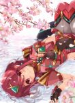  1girl bangs black_gloves breasts cherry_blossoms chest_jewel earrings fingerless_gloves gloves jewelry konoha2014 large_breasts leggings pyra_(xenoblade) red_eyes red_legwear red_shorts redhead short_hair short_shorts shorts super_smash_bros. swept_bangs thigh-highs tiara xenoblade_chronicles_(series) xenoblade_chronicles_2 