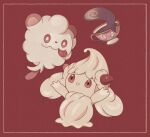  alcremie alcremie_(strawberry_sweet) arms_up bright_pupils closed_mouth film_grain framed gen_6_pokemon gen_8_pokemon highres no_humans open_mouth pokemon pokemon_(creature) red_background red_eyes sinistea smile swirlix tongue tongue_out white_pupils yukifuri_tsuyu 