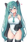  1girl absurdres bangs bare_shoulders black_legwear blue_eyes blue_hair blue_neckwear blush breasts closed_mouth collarbone contrapposto covered_navel cowboy_shot crossed_bangs detached_sleeves eyebrows_visible_through_hair hair_between_eyes hatsune_miku head_tilt heart highres kk_(aky2374) large_breasts leotard long_hair looking_at_viewer necktie simple_background smile solo standing thigh-highs twintails very_long_hair vocaloid white_background white_leotard 