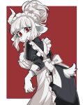  1girl alternate_costume alternate_form apron ass black_dress breasts dress enmaided frilled_apron frills furry goat_girl goat_tail helltaker highres horns juliet_sleeves large_breasts long_sleeves lucifer_(helltaker) maid maid_apron maid_headdress mole mole_under_eye puffy_sleeves red_eyes solo user_shzv3744 white_apron white_hair white_horns 