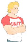 1boy alternate_costume artist_request blonde_hair blue_eyes blush boku_no_hero_academia casual check_artist crossed_arms denim highres jeans looking_to_the_side lovemiriotogata male_focus pants pectorals shirt short_hair sideburns solo spiky_hair togata_mirio toned toned_male white_shirt 