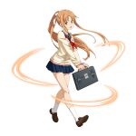  1girl :d alternate_costume asuna_(sao) bag bangs blue_sailor_collar blue_skirt bow brown_eyes brown_footwear brown_hair cardigan floating_hair full_body hair_bow highres holding loafers long_hair long_sleeves looking_at_viewer miniskirt neckerchief official_art open_mouth pleated_skirt ponytail red_neckwear sailor_collar shiny shiny_hair shoes sidelocks skirt smile solo standing sword_art_online sword_art_online:_memory_defrag transparent_background very_long_hair white_bow white_cardigan white_legwear 