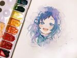  1girl :d aiba_uiha blue_bow blue_eyes blue_hair bow hair_bow hand_up highres looking_at_viewer nijisanji open_mouth photo_(medium) signature smile sofra solo striped striped_bow traditional_media twitter_username upper_teeth virtual_youtuber watercolor_(medium) white_bow 