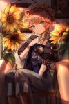  1girl absurdres bangs blue_eyes braid chair closed_mouth collarbone criss-cross_halter fate/grand_order fate_(series) flower halterneck highres holding holding_flower huge_filesize indoors kyo_(maae00) long_hair looking_at_viewer pants plant potted_plant puffy_short_sleeves puffy_sleeves short_sleeves side_braid sitting solo sunflower van_gogh_(fate) yellow_flower 