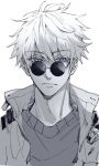  1boy bangs blue_eyes closed_mouth expressionless eyebrows_visible_through_hair gojou_satoru greyscale hair_between_eyes highres jacket jujutsu_kaisen kurosakiinu looking_away male_focus monochrome portrait round_eyewear shirt short_hair simple_background sketch solo sunglasses 