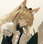  1girl 7ife absurdres animal_ear_fluff animal_ears arknights armor beige_background black_gloves blemishine_(arknights) blonde_hair eyebrows_visible_through_hair fur_trim gloves hand_on_own_face head_tilt highres horse_ears long_hair looking_at_viewer shield simple_background solo tongue tongue_out upper_body v yellow_eyes 