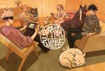  1girl 3boys animal bangs black_eyes black_hair black_pants black_shirt blindfold brown_eyes brown_hair closed_eyes closed_mouth couch covered_eyes crop_top cup dog felyne full_body fushiguro_megumi gojou_satoru grey_pants hair_between_eyes highres holding indoors itadori_yuuji jujutsu_kaisen kugisaki_nobara long_sleeves monster_hunter_(series) multiple_boys nintendo_switch open_mouth pants pink_footwear pink_hair profile purple_shirt red_shorts ryosuketarou shirt shoes short_hair shorts sitting slippers smile spiky_hair table white_footwear white_hair white_shirt 