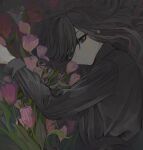  1girl black_shirt brown_eyes brown_hair collared_shirt flower highres long_hair looking_at_viewer lying on_side original rose shirt skkc_128 solo 