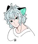  1boy abyff14 animal_ears aqua_eyes cat_ears grey_hair looking_at_viewer luoxiaohei male_focus older portrait shirt short_hair signature simple_background solo the_legend_of_luo_xiaohei white_background white_shirt 