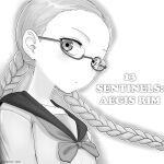  1girl braid copyright_name cypress flat_chest glasses greyscale juusan_kihei_bouei_ken kisaragi_tomi monochrome school_uniform semi-rimless_eyewear serafuku solo twin_braids twitter_username under-rim_eyewear upper_body 