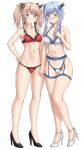  2girls blonde_hair blue_bra blue_hair blue_panties blush bra breasts green_eyes hair_ribbon hand_on_hip hand_on_own_chest high_heels highres holding_hands lingerie looking_at_viewer maou_gakuin_no_futekigousha medium_breasts misha_necron multiple_girls navel panties red_bra red_panties ribbon sarhce short_twintails siblings smile thighs twins twintails underwear violet_eyes white_background 
