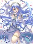  1girl azura_(fire_emblem) blue_eyes bubble detached_collar dress elbow_gloves fingerless_gloves fire_emblem fire_emblem_fates fire_emblem_heroes gloves haru_(nakajou-28) highres holding holding_weapon jewelry long_hair looking_down necklace petals polearm side_slit simple_background single_thighhigh sleeveless sleeveless_dress solo spear thigh-highs veil very_long_hair water weapon white_gloves white_legwear yellow_eyes 