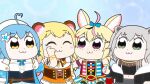  4girls :3 ahoge animal_ears arm_up bear_ears bell bkub_(style) black_jacket blonde_hair blue_background blue_hair blue_jacket blue_neckwear closed_eyes commentary_request crop_top dress eyebrows_visible_through_hair flower fox_ears grey_eyes grey_hair hair_flower hair_ornament hat heart_ahoge hololive jacket jewelry kumaane lion_ears long_hair looking_at_another momosuzu_nene multicolored_hair multiple_girls neck_bell neck_ribbon necklace nepolabo off_shoulder omaru_polka orange_dress pointy_ears poptepipic red_dress ribbon shirt shishiro_botan short_hair sideways_glance simple_background single_sleeve sleeveless sleeveless_shirt smile standing streaked_hair tearing_up tears thumbs_up underbust upper_body very_long_hair violet_eyes virtual_youtuber white_dress white_headwear wiping_tears yellow_eyes yukihana_lamy 