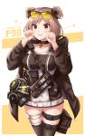  1girl absurdres bag bangs black_choker black_legwear breasts brown_eyes brown_jacket character_name choker collarbone daisy_cutter double_bun eyebrows_visible_through_hair eyewear_on_head feet_out_of_frame gas_mask girls_frontline hands_up highres jacket light_brown_hair looking_at_viewer medium_breasts medium_hair open_clothes open_jacket p90_(girls_frontline) simple_background smile solo standing thigh-highs 