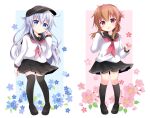  2girls anchor_symbol black_footwear black_legwear black_sailor_collar black_skirt blue_eyes brown_hair commentary_request flat_cap flower folded_ponytail full_body hat hibiki_(kancolle) highres inazuma_(kancolle) kantai_collection kashiwadokoro kneehighs loafers long_hair looking_at_viewer multiple_girls neckerchief pleated_skirt red_neckwear sailor_collar school_uniform serafuku shoes silver_hair simple_background skirt smile solo standing thigh-highs white_background 