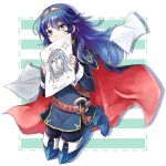  1girl artist_name blue_eyes blue_hair blush boots border cape child_drawing drawing dress fingerless_gloves fire_emblem fire_emblem_awakening gloves holding holding_paper kurona_(nakoruch) lucina_(fire_emblem) paper short_dress simple_background solo striped thigh-highs thigh_boots tiara white_border 