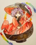 1girl bowl bowl_hat hat holding holding_needle in_bowl in_container japanese_clothes key747h kimono minigirl needle open_mouth paper_texture purple_hair rainbow_order red_kimono sukuna_shinmyoumaru touhou traditional_media violet_eyes watercolor_(medium) wide_sleeves 