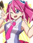  1girl bracelet exposed_shoulders hiiragi_yuzu multicolored_hair open_mouth pink_eyes pink_neckwear short_twintails smile synchroman synchroman173 teeth yuu-gi-ou yuu-gi-ou_arc-v 