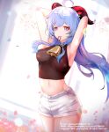  1girl absurdres ahoge armpits arms_behind_head bangs bell black_bodysuit bodysuit commentary_request cowbell cowboy_shot dutch_angle email_address ganyu_(genshin_impact) genshin_impact hair_tie_in_mouth highres korean_commentary light_blue_hair long_hair midriff midriff_peek mouth_hold navel neck_bell petals pixiv_id shorts skin_tight solo standing violet_eyes wavy_hair white_shorts yawang_shiro 