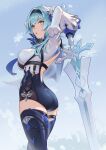 1girl :o arms_up ass backless_leotard black_gloves blue_hair blue_legwear breasts eula_(genshin_impact) from_side genshin_impact gloves hair_ornament hairband highres jrajazon leotard long_sleeves looking_at_viewer looking_back medium_breasts snowflakes solo stance standing thigh-highs yellow_eyes 