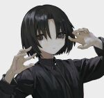  1girl black_eyes black_hair black_shirt character_request collared_shirt copyright_request expressionless hands_up highres looking_at_viewer parted_hair shirt short_hair simple_background skkc_128 solo upper_body white_background 
