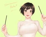  1girl 2017 amanai_kanoka aotama arms_up black_hair breasts eyebrows eyelashes food grin haikyuu!! happy holding holding_food looking_at_viewer pocky short_hair simple_background smile solo solo_focus sweater upper_body white_sweater wide-eyed 