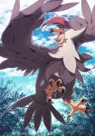  45_(maruyaki45) bird bright_pupils brown_eyes clouds day from_below gen_4_pokemon highres looking_back no_humans open_mouth outdoors pokemon pokemon_(creature) sky solo staraptor symbol_commentary talons tongue white_pupils 