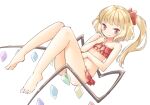  1girl arnest bangs barefoot bikini blonde_hair bow closed_mouth commentary crystal fang flandre_scarlet floating frilled_bikini frills hair_bow looking_at_viewer medium_hair red_bikini red_bow red_eyes side_ponytail smile solo strapless strapless_bikini swimsuit touhou wings 