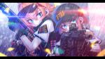  2girls absurdres aiming aqua_eyes artist_name assault_rifle bangs baseball_cap black_headwear chromatic_aberration english_commentary fbi glowing glowing_eyes gun hair_behind_ear hat headset highres holding holding_gun holding_weapon iwasawayuki lens_flare multiple_girls orange_hair original police rain rifle shotgun weapon 