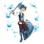  1boy belt black_pants blonde_hair blue_eyes blue_footwear blue_jacket brown_belt closed_mouth collarbone collared_shirt dress_shirt eugeo full_body hat highres holding holding_sword holding_weapon jacket long_sleeves looking_at_viewer male_focus official_art open_clothes open_jacket pants pirate pirate_hat saber_(weapon) shield shirt short_hair smile solo sword sword_art_online sword_art_online:_memory_defrag transparent_background weapon white_shirt wing_collar 