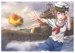  1girl absurdres blue_eyes blue_skirt brown_hair commentary_request cowboy_shot destroyer firing harekaze hat high_school_fleet highres looking_at_viewer military military_vehicle misaki_akeno muzzle_flash neckerchief peaked_cap pleated_skirt red_neckerchief school_uniform serafuku shikabiscuit ship short_hair short_sleeves skirt solo twintails twitter_username warship water watercraft white_headwear yokosuka_girls_marine_high_school_uniform 