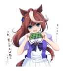  1girl :d animal_ears bangs black_bow blue_eyes blue_shirt bow brown_hair cat_and_rabbit eyebrows_visible_through_hair fang hair_between_eyes hair_ribbon hands_up highres holding horse_ears horse_girl horse_tail long_hair looking_at_viewer multicolored_hair open_mouth pink_ribbon pleated_skirt ponytail puffy_short_sleeves puffy_sleeves ribbon school_uniform shaded_face shirt short_sleeves simple_background skirt smile solo sparkle streaked_hair tail tokai_teio_(umamusume) tracen_school_uniform translation_request umamusume v-shaped_eyebrows very_long_hair white_background white_hair white_skirt 