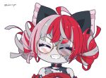  1girl ahoge bare_shoulders blush_stickers bow chibi closed_eyes double_bun glasses grey_hair grin hair_bow hololive hololive_indonesia kukie-nyan kureiji_ollie multicolored_hair patchwork_skin pink_hair red_eyes round_eyewear smile solo torn_clothes twitter_username virtual_youtuber zombie 