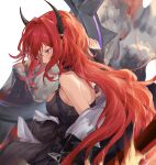  1girl arknights bare_shoulders black_dress black_jacket blush breasts commentary_request dress fire hand_up highres horns io_(io_oekaki) jacket long_hair long_sleeves looking_down medium_breasts off_shoulder open_clothes open_jacket redhead sideboob simple_background slit_pupils solo surtr_(arknights) upper_body v-shaped_eyebrows very_long_hair violet_eyes white_background 