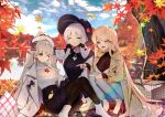  3girls alternate_costume autumn_leaves azur_lane beige_coat belt black_bow black_headwear black_ribbon blonde_hair blue_eyes blue_sky bow breasts cleavage_cutout closed_eyes clothing_cutout clouds coat denim eyebrows_visible_through_hair formidable_(azur_lane) hair_ribbon high_heels illustrious_(azur_lane) jeans large_breasts leaf leaf_on_breast leaf_on_head long_hair maple_leaf multiple_girls one_eye_closed open_mouth pants pantyhose picnic_basket platinum_blonde_hair purple_skirt purple_sweater red_belt red_eyes red_footwear reflection ribbon rimsuk see-through shiny shiny_skin shirt shoes skirt sky sleeveless_sweater sweater torn_clothes torn_jeans torn_pants tri_tails twintails very_long_hair victorious_(azur_lane) water white_coat white_footwear white_hair white_headwear white_shirt 