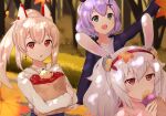  3girls alternate_costume apple autumn_leaves ayanami_(azur_lane) azur_lane bag casual cross_hair_ornament earrings eating food fruit green_eyes hair_between_eyes hair_ornament high_ponytail holding holding_bag jacket javelin_(azur_lane) jewelry laffey_(azur_lane) leaf leaf_on_head light_brown_hair light_purple_hair long_hair looking_at_viewer manjuu_(azur_lane) maple_leaf medium_hair multiple_girls ocayim_k open_clothes open_jacket open_mouth paper_bag purple_hair purple_jacket purple_sweater red_apple red_eyes sweater turtleneck turtleneck_sweater twintails violet_eyes 