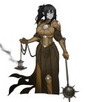  1girl absurdres armor bangs black_hair breastplate censer colored_skin commentary english_commentary gauntlets grey_skin hair_between_eyes highres holding holding_weapon less long_hair looking_at_viewer magic:_the_gathering pauldrons ponytail red_eyes shoulder_armor simple_background solo spiked_mace weapon white_background 